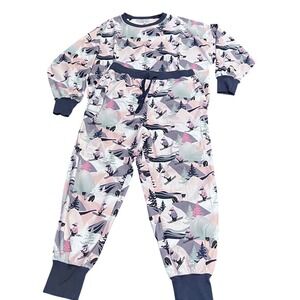 Skiing Bear Print Microfleece jogger pajama Set Medium Pink Long Sleeves Pockets